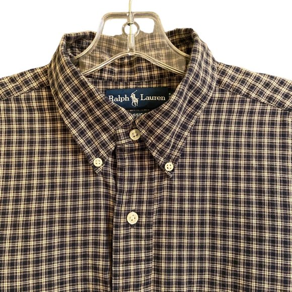 RALPH LAUREN MENS BLUE/BEIGE PLAID CLASSIC FIT COTTON LONG SLEEVE SHIRT SZ LARGE - Picture 3 of 7